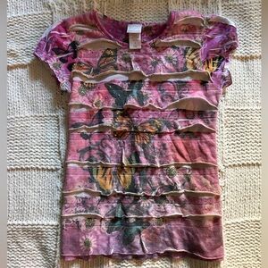 Y2K Xhiliration Pink Buttefly Rhinestone Tiered Baby Tee